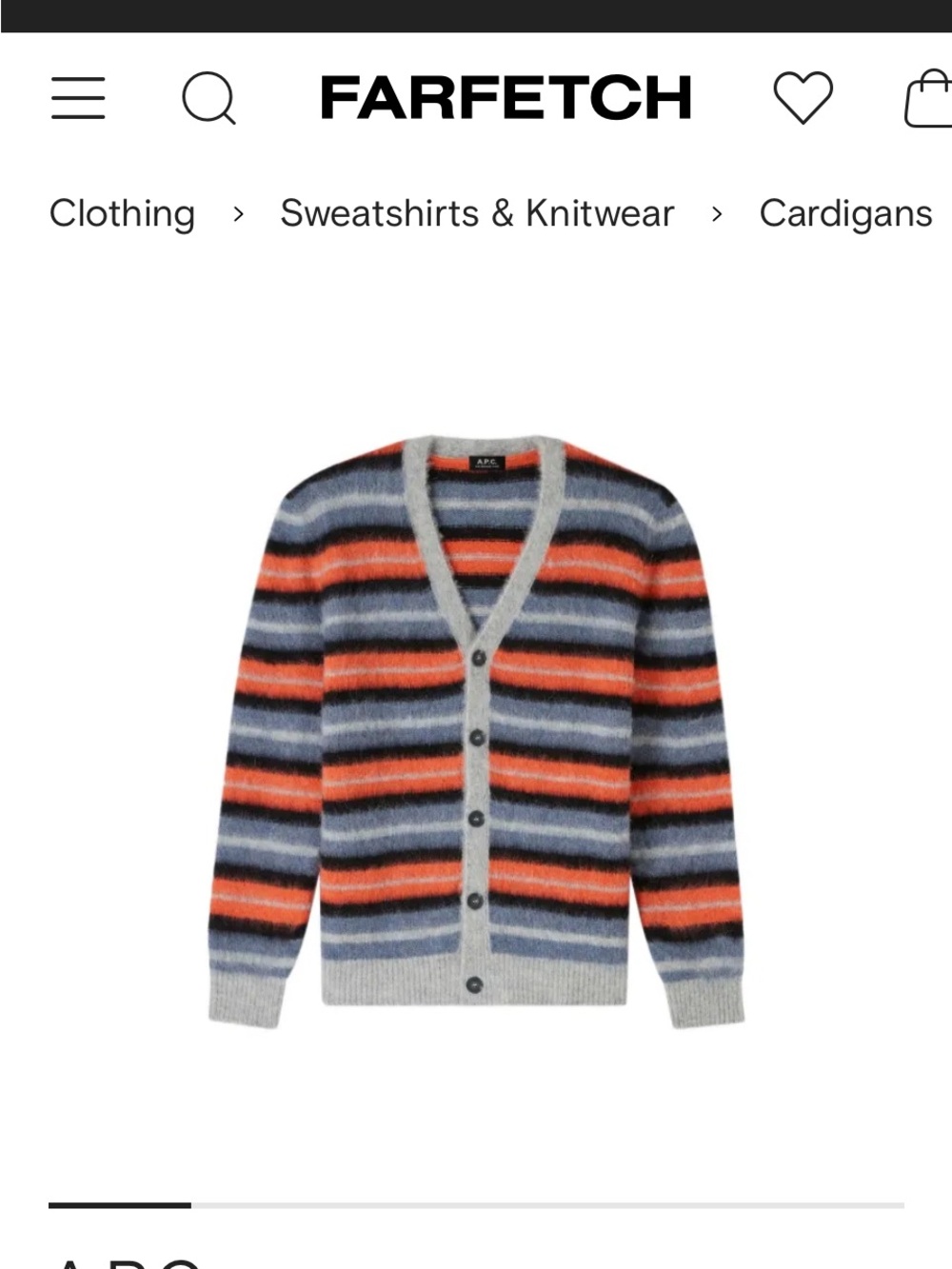 A.P.C. Striped V‑Neck Cardigan in Gray, Navy & Orange